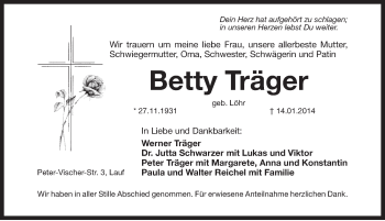 Traueranzeige von Betty Träger von Pegnitz-Zeitung